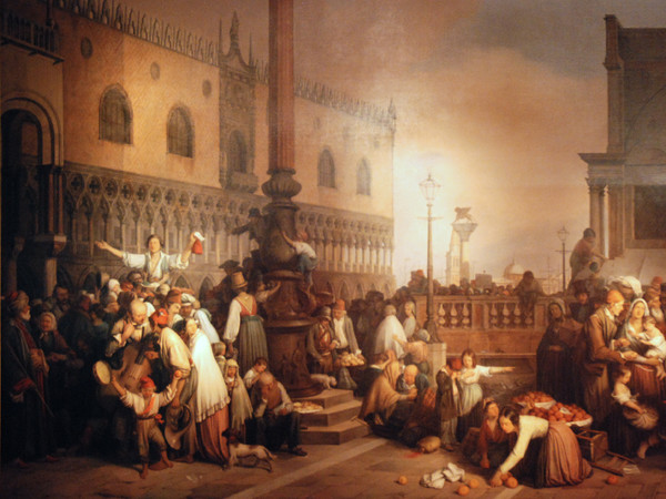 Eugenio Bosa, Estrazione del gioco del lotto in Piazzetta San Marco, 1845-1847, Olio su tela, 336 x 238 cm, Musei Civici di Santa Caterina, Treviso | Courtesy of Fondazione Benetton Studi Ricerche Treviso