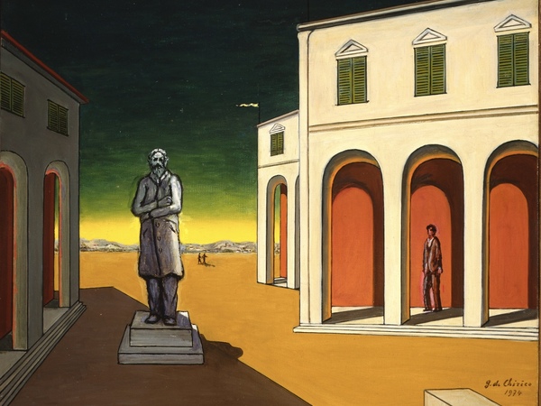 Giorgio de Chirico, Piazza d'Italia con statua di Cavour, 1974, olio su tela, cm. 50x60 (inv. 5)