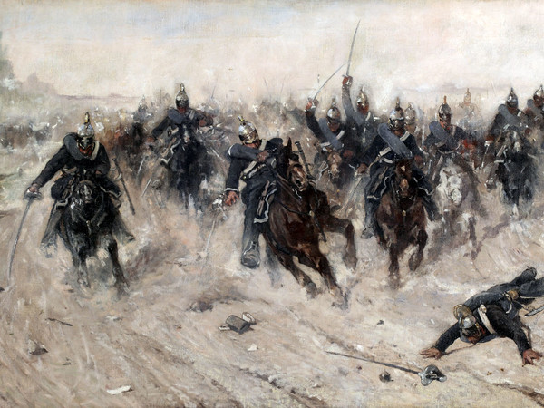 Giovanni Fattori, Carica di cavalleria, 1877 ca., Olio su tela, cm. 50x100, Collezione Sacerdoti-Ferrario