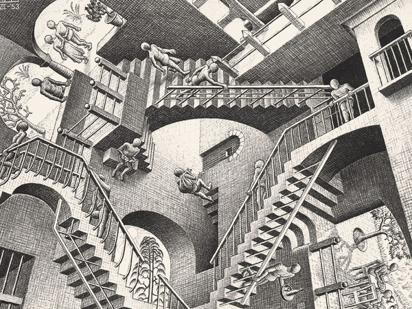 <span>Maurits Cornelis Escher</span>, <em><em>Relatività, </em></em>1953, Litografia, 27.7 x 29.2 cm, Collezione privata, Italia All M.C. Escher works | © 2018 The M.C. Escher Company | All rights reserved www.mcescher.com