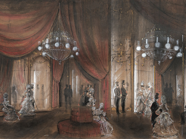 Dante Ferretti, <em>Interni Turpin Parlor</em> per <em>Sweeney Todd - Il diabolico barbiere di Fleet Street</em> di Tim Burton, 2007. Tecnica mista gessetti/carboncini, cm 60x168