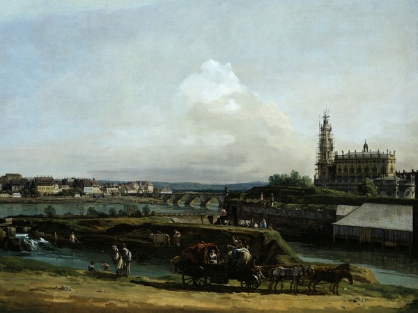 Bernardo Bellotto, Dresda dalla riva sinistra dell'Elba, a valle dei bastioni, 1748, Olio su tela, 238 x 135 cm, Gemäldegalerie Alte Meister, Staatliche Kunstsammlungen Dresden | © 2016. Foto Scala, Firenze/bpk, Bildagentur fuer Kunst, Kultur und Geschichte, Berlin