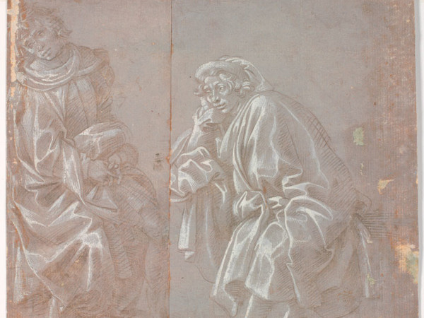 Filippino Lippi, Studi per due uomini seduti, uno rivolto verso destra e l’altro verso sinistra. Punta metallica, con lumeggiature di biacca su carta preparata in colore grigio, mm 239 x 248. Firenze, Gabinetto Disegni e Stampe degli Uffizi, inv.171