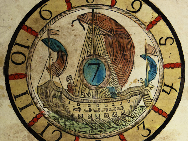 Il Vero Giuoco della Barca, Xilografia colorata, 310 x 410 mm, Milano, Pietro Agnelli, Primo quarto del XIX secolo, Le regole del gioco sono scritte in basso, sotto il cerchio con la raffigurazione della barca e il numero 7, Collezione Alberto Milano | Courtesy of Fondazione Benetton Studi Ricerche Treviso