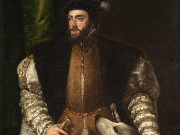 Tiziano Vecellio (Pieve di Cadore, 1488/1490 - Venezia, 1576) , Ritratto di Carlo V con il cane, 1533, Olio su tela, 111 x 192 cm, Museo del Prado, Madrid