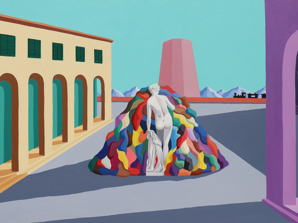 Giuseppe Veneziano, Piazza Michelangelo Pistoletto, 2025, acrilico su tela, cm. 70x100