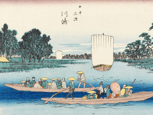 Utagawa Hiroshige, 3 – Kawasaki. Il traghetto di Rokugô, Dalla serie Cinquantatré stazioni di posta del Tôkaidô, 1848-1849 circa,Silografia policroma, 25 x 37.2 cm, Honolulu Museum of Art | Courtesy of Palazzo Reale, Milano 2016