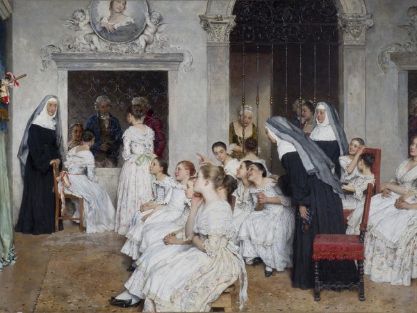Eugenio De Blaas, Pulcinella in convento, olio su tela, collezione privata