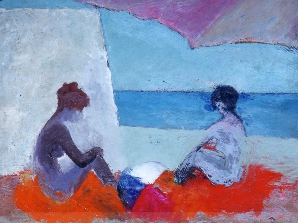 Paolo Salvati, Donne al Mare sotto l'ombrellone, 1973. Olio su tela, cm 30 x 40