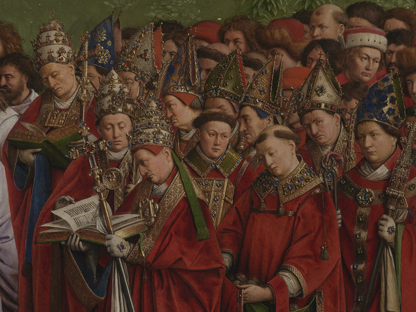 Jan e Hubert van Eyck, L’Adorazione dell’Agnello Mistico, 1432, Dettaglio del pannello centrale della Pala d'altare di Gand aperta con i Religiosi in preghiera, Dopo il restauro, Olio su tavola, Gand, Cattedrale di San Bavone | Courtesy of Saint-Bavo’s Cathedral Ghent © Lukasweb.be-Art in Flanders vzw | Photo: KIK-IRPA