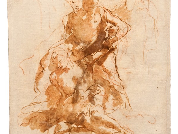  Giambattista Tiepolo, Morte di Giacinto (studio per il dipinto con l’omonimo soggetto oggi al Museo Thyssen-Bornemisza di Madrid), penna e inchiostro bruno, inchiostro diluito bruno, pietra rossa, mm 337x242. Trieste, Civico Museo Sartorio
