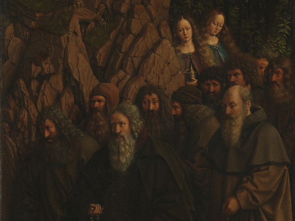 Jan e Hubert van Eyck, L’Adorazione dell’Agnello Mistico, 1432, Dettaglio del pannello della Pala d'altare di Gand aperta con gli Eremiti, Prima del restauro, Olio su tavola, Gand, Cattedrale di San Bavone | Courtesy of Saint-Bavo’s Cathedral Ghent © Lukasweb.be-Art in Flanders vzw | Photo: KIK-IRPA