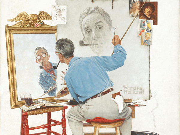 Norman Rockwell, Triple Self-Portrait (Triplo autoritratto), 1960 Olio su tela, 113 x 88 cm Cover illustration for The Saturday Evening Post, February 13, 1960 Collection of The Norman Rockwell Museum at Stockbridge, Norman Rockwell Art Collection Tru