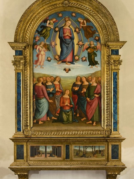 Perugino, Pala di Corciano, 1513 olio e tempera su tavola, tavola centrale 256x 150 cm; predelle 33 x 71,5 cm e 33 x 72 cm. Corciano, Chiesa parrocchiale di Santa Maria Assunta
