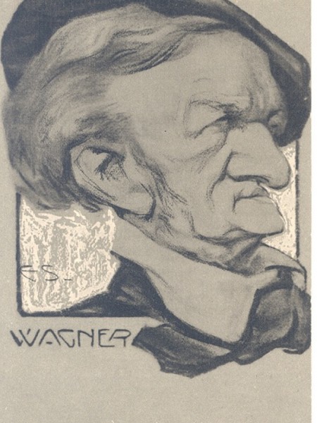 Ignoto, Wagner, s.d cartolina umoristica stampata a Milano da Paolo Mariani album Musica I di Fiorello de Farolfi Civico Museo Teatrale Carlo Schmidl Trieste