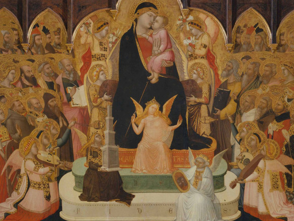 Ambrogio Lorenzetti, Madonna col Bambino in trono con Virtù teologali, angeli musicanti, santi e profeti, 1335 circa, Tempera, oro, argento e lapislazzuli su tavole di pioppo, 206.5 cm larghezza, H 161 cm (il pannello centrale), H 147.10 cm (i pannelli laterali), Dalla chiesa di San Pietro in Orto a Massa Marittima Massa Marittima (Grosseto), Museo di Arte Sacra