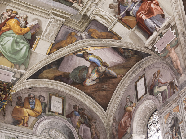 Michelangelo Buonarroti, Cappella Sistina, Davide e Golia dopo l’installazione del nuovo impianto di illuminazione. Foto Boutique Creativa © Governatorato SCV – Direzione dei Musei