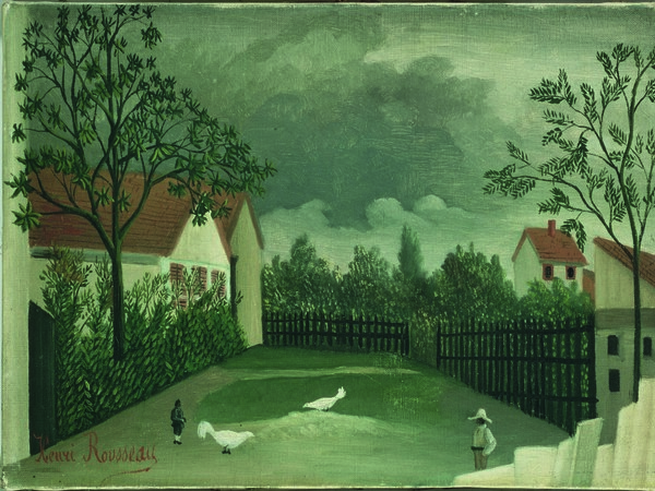 Henri Rousseau, La basse-cour/ Il cortile, 1896 - 1898. Olio su tela, cm 24,6 x 32,9. Parigi, Centre Pompidou, Musée National d'art moderne-Centre de création industrielle, Legs de Mrs Nina Kandinsky en 1981. Photo © Centre Pompidou, MNAM-CCI, Dist. RMN - Grand Palais/Droits reserves