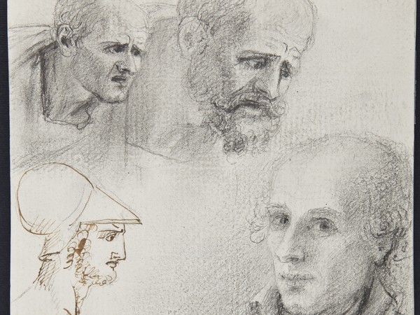 Antonio Canova, Autoritratto, due teste di Apostoli, una testa di guerriero, 1792-1798 circa. Penna a inchiostro bruno, carboncino e matita su carta avorio, 200 x 140 mm. Bassano del Grappa, Museo-Biblioteca-Archivio, F6 3.1652