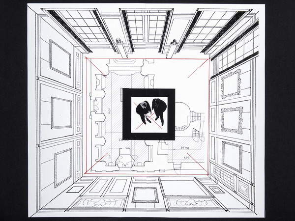 Giulio Paolini, Studio per “Da lontano”, 2015, Inchiostro rosso e collage su carta nera, 50 x 50 cm | Foto: Francesco Squeglia