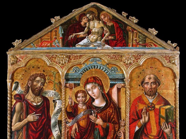 Michele Greco da Valona, Madonna con Bambino e Santi Giovanni Battista e Adamo, Pietà (Cuspide), Firmato e datato 1505, Polittico in cornice intagliata, 152 x 166 cm, Guglionesi, Chiesa di Santa Maria assunta