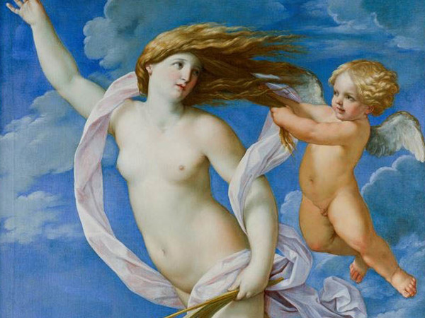 Giovanni Andrea Sirani (Bologna 1610 - 1670), Fortuna e Amore, 1660 circa. Olio su tela, cm 161 x 131.