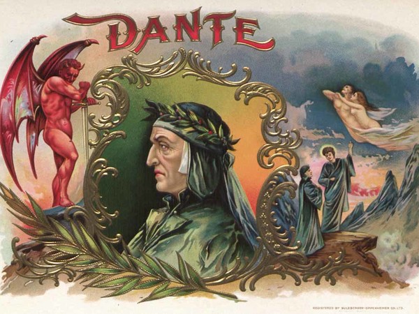 Etichetta di scatola di sigari Dante Sulzberger-Oppenheimer (US), sec. XX in. cm. 21,5 x15 [Dante, Demonio, vignetta con Dante, Virgilio, Paolo e Francesca] cm. 25,5 x 15,5 [Dante], collezione privata