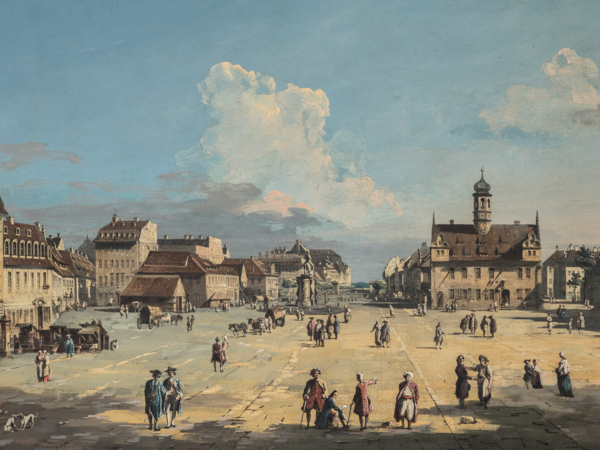 Bernardo Bellotto, La Piazza del Mercato della Città Nuova di Dresda, Circa 1750-1759, Olio su tela, 52 × 84 cm, Inv. 2486, Roma, Gallerie Nazionali di Arte Antica | © Gallerie Nazionali di Arte Antica, Roma (MiC) - Bibliotheca Hertziana, Istituto Max Planck per la storia dell'arte / Enrico Fontolan