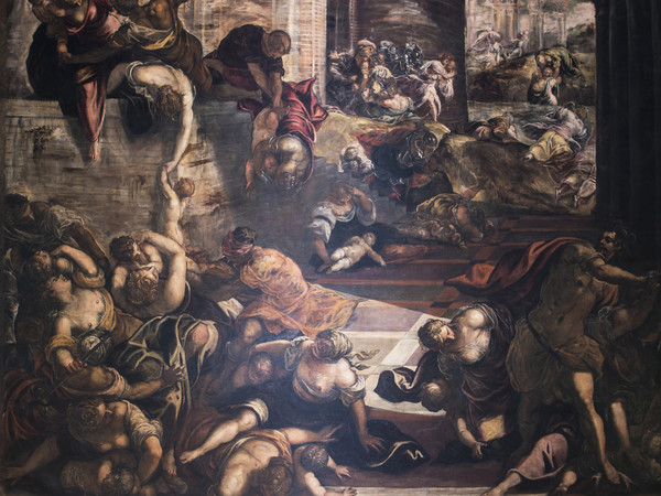 Tintoretto, La strage degli innocenti, 1582-1587Sala Terrena Scuola Grande di San Rocco,Venezia, Olio su tela, 546 x 422 cm | © Scuola Grande di San Rocco e Chiesa di San Rocco | Courtesy of Sky Italia s.r.l. Tintoretto – Un Ribelle a Venezia e Sky Arts Production Hub 2019