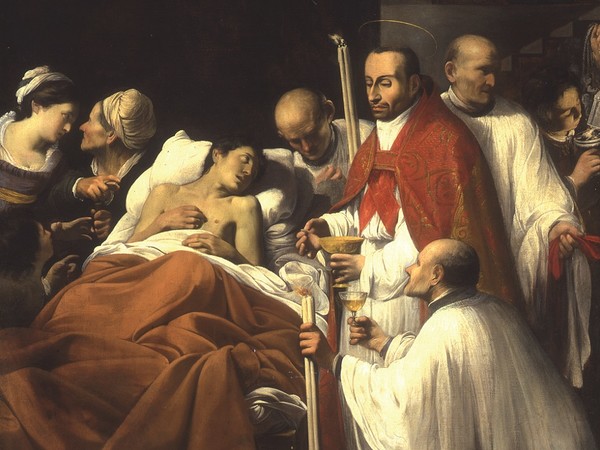 Carlo Saraceni, San Carlo Borromeo comunica un appestato. Olio su tela, cm 300 x 195. Cesena, Chiesa dei Servi, cappella Albizzi