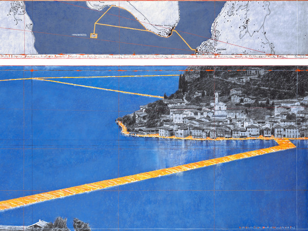 Christo e Jeanne-Claude, The Floating Piers (Progetto per il Lago d'Iseo, Italia), Disegno 2014 in due parti, 244 x 38 cm e 244 x 106.6 cm, Matita, carboncino, pastello, pastello a cera, smalto, mappa disegnata a mano, fotografie di Wolfgang Volz, mappa topografica, tessuto e nastro | Foto di André Grossmann © Christo 2014