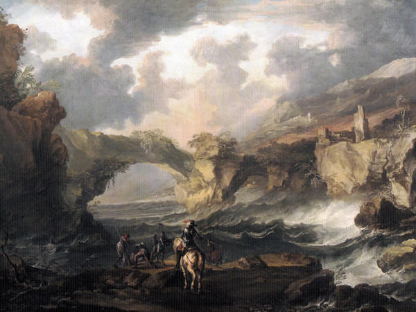Antonio Marini, Paesaggio con cavalieri, olio su tela, 100 x 155 cm.