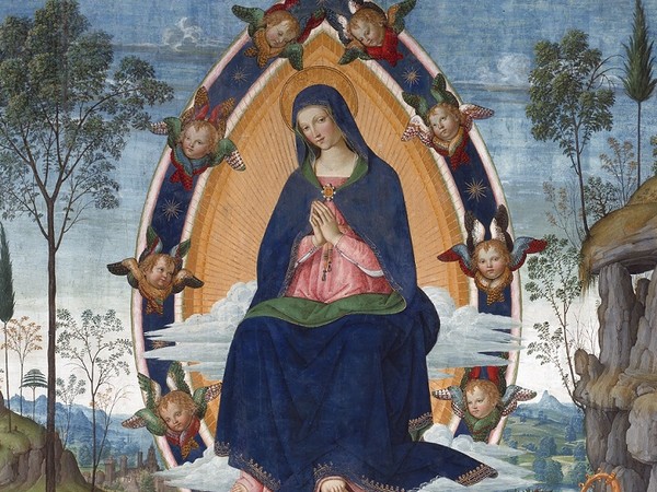 Bernardino di Betto detto il “Pintoricchio” (Perugia 1454-Siena 1513) La Vergine Assunta tra i Santi Gregorio Magno e Benedetto Oro, tempera su tavola San Gimignano, Pinacoteca Civica
