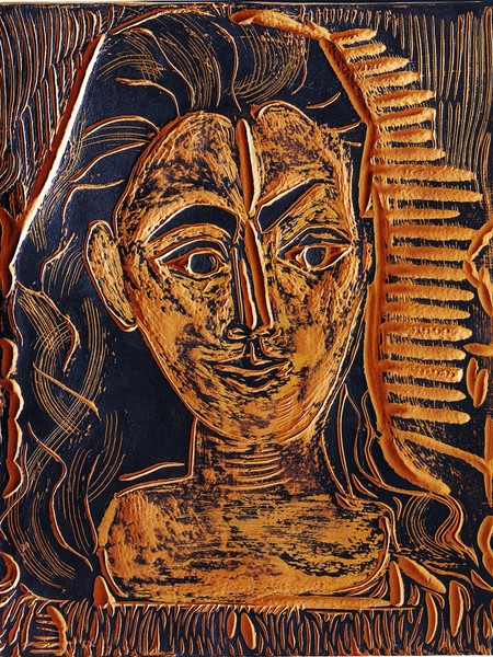 P. Picasso, Petit buste de femme, 1964; terracotta, cm 33x25 (con impronta originale di Picasso). Madaura plein feu. Numerato 79/100. Archivio 523