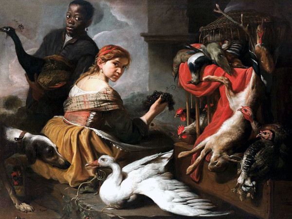 Pieter Boel, Moretto con pavone, giovane con uva e cacciagione, olio su tela, 135 x 172 cm. Collezione privata 