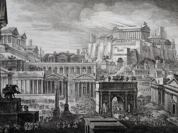 Luigi Rossini, Parte del Foro Romano e del Monte Capitolino col Tempio di Giove, 1829, Acquaforte | Courtesy Museo di Roma, Gabinetto Comunale delle Stampe