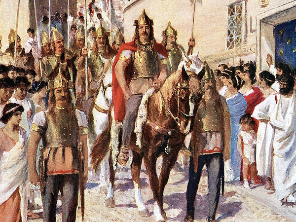 401 | Arrivano i VisigotiAssedio dei barbari capitanati da Alarico | Allan Stewart, Alarico che entra ad Atene, rappresentazione artistica del 1920 di Alarico che sfila per Atene dopo aver conquistato la città nel 395