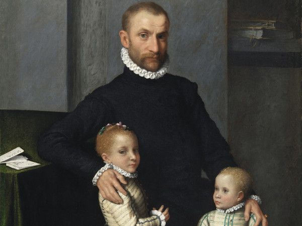 Giovanni Battista Moroni, Ritratto di un gentiluomo e delle sue due figlie, 1572-1575 circa, Olio su tela, 98 x 38 5/8 125.4 cm, National Gallery of Ireland Collection, Dublin, Acquistato, 1866 | Foto: © National Gallery of Ireland