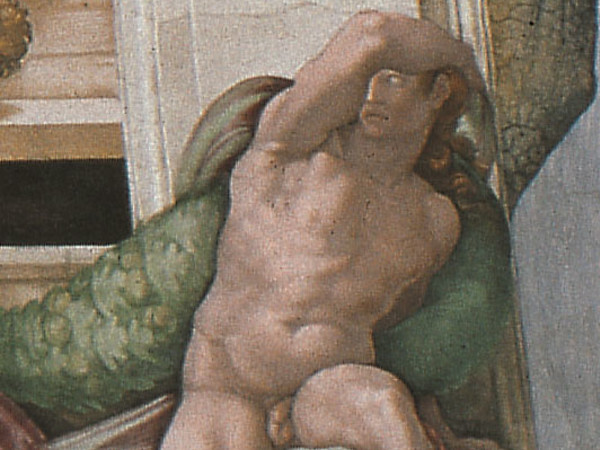 Michelangelo Buonarroti, Ignudo, particolare della volta della Cappella Sistina, 1508-1512. Affresco © Musei Vaticani
