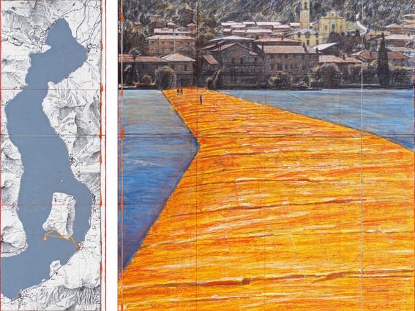 Christo e Jeanne-Claude, The Floating Piers (Progetto per il Lago d'Iseo, Italy), Disegno 2014, 38 x 165 cm and 106.6 x 165 cm, Matita, carboncino, pastello, pastello a cera, smalto, fotografie di Wolfgang Volz, mappa topografica, tessuto e nastro | Foto di André Grossmann © Christo 2014