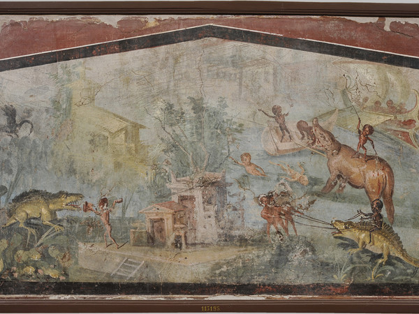 Scena nilotica con pigmei cacciatori, 55-79 d.C., intonaco dipinto, largh. 127 cm, Museo Archeologico Nazionale, Napoli