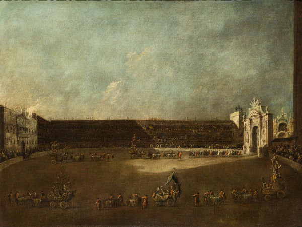 Francesco Guardi, Sfilata dei carri allegorici in Piazza San Marco per i Conti del Nord, 1782 ca., 82 x 104,5 cm | Courtesy of Fondazione Cini, Venezia