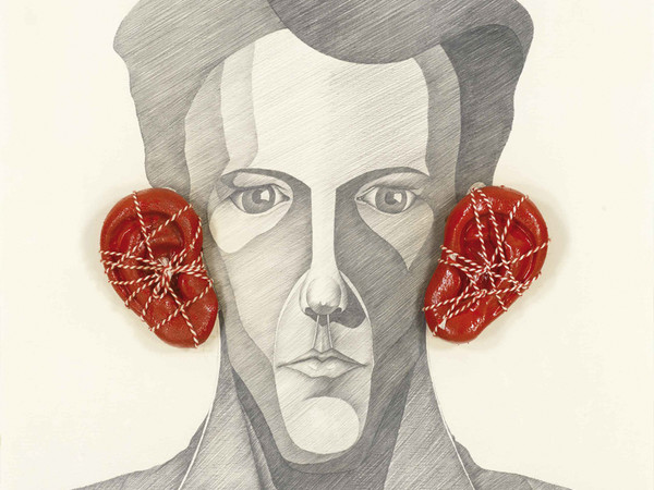 Jan Fabre, Mouth-Eye-Ear Doctor (Will Doctor Fabre cure you?) (Mond-Oog-Oor-Arts), 1980, matita HB su carta ed elementi aggiunti, cm 39x46. Roma, Collezione Alessandra e Paolo Barillari