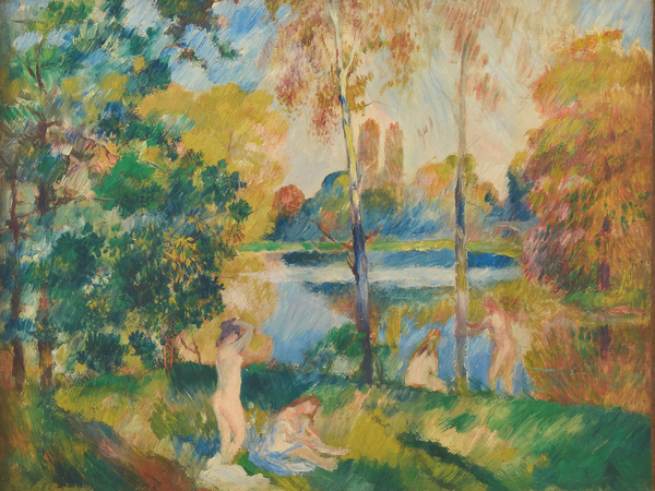 Pierre Auguste Renoir, Paesaggio fluviale con bagnanti, 1885 ca., olio su tela, 32,5x41 cm. Collezione Scharf