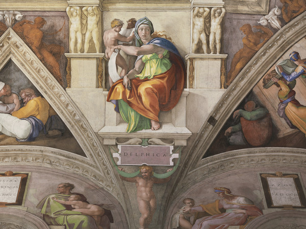 Michelangelo Buonarroti, Cappella Sistina, la Sibilla Delfica dopo l’installazione del nuovo impianto di illuminazione. Foto Boutique Creativa © Governatorato SCV – Direzione dei Musei