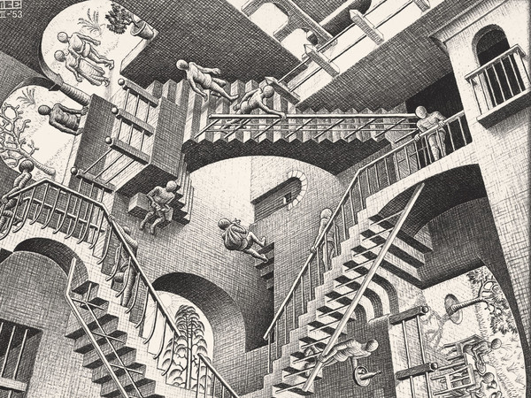 Maurits Cornelis Escher, Relatività, 1953, Litografía, 27.7 x 29.2 cm, Collezione privata, Italia All M.C. Escher works | © 2017 The M.C. Escher Company