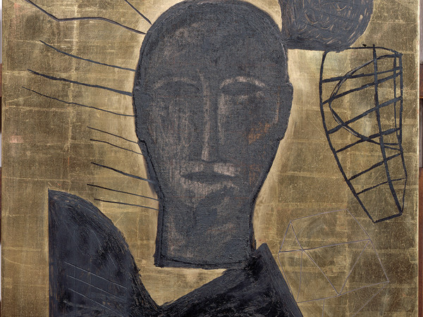 Mimmo Paladino, Autoritratto, Paladino Saladino, tecnica mista su fondo oro, cm 50 x 70. Firenze, Galleria degli Uffizi, Corridoio Vasariano
