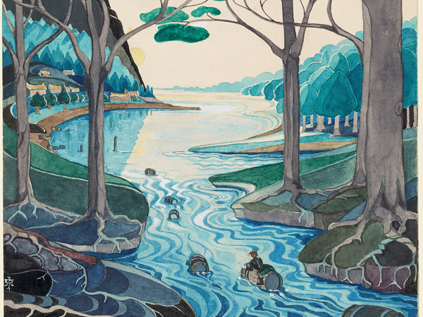 J. R. R. Tolkien, Bilbo comes to the Huts of the Raft-elves | © The Tolkien Estate Limited 1937 | Un acquerello che Tolkien dipinse come illustrazione per la prima edizione de Lo Hobbit, pubblicato nel 1937, poi incluso in numerose altre edizioni del libro. Questo era l'acquerello preferito di Tolkien, che fu deluso dal constatarne l'esclusione dalla prima edizione americana dell'opera.