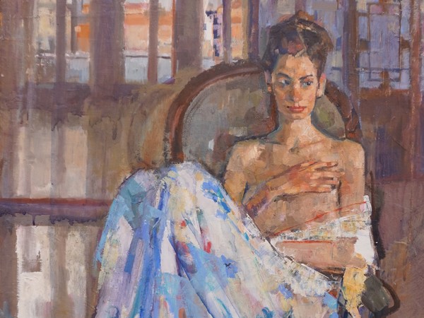 Geoffrey Humphries, Maddalena with Japanese silk, 2017, Olio su tela (Particolare), 50 x 60 cm | Courtesy of the Artist and The Osborne Studio Gallery, London