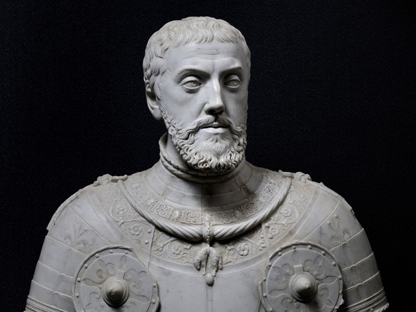 Giovanni Angelo Montorsoli, Busto di Carlo V, Marmo, H 63 cm, Con retroproiezioni delle otto scene della Presa di Tunisi (Arazzi KHI Vienna), Napoli Museo della Certosa di San Martino